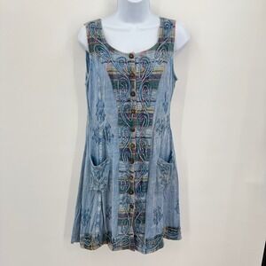 Sacred Threads One Size Fits Most Blue Denim Embroidered Dress Y2K Boho Pockets
